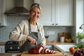 Femme souriante tranche un rôti de porc dans la cuisine