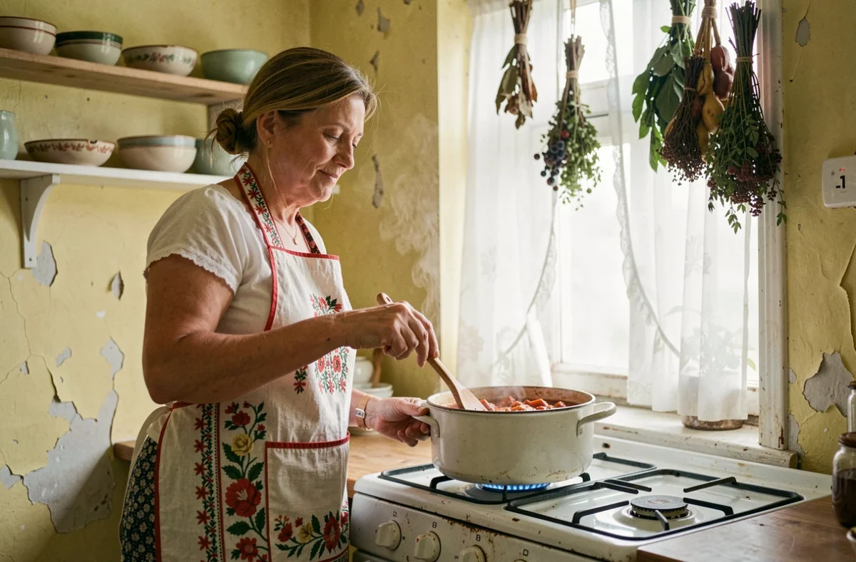 Femme hongroise en tablier brodé préparant un goulash traditionnel sur une cuisinière vintage dans une cuisine authentique