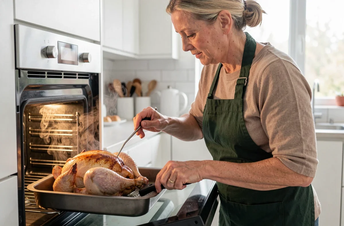 Femme arrosant un chapon nature dans un four domestique moderne lors de la préparation du repas de Noël