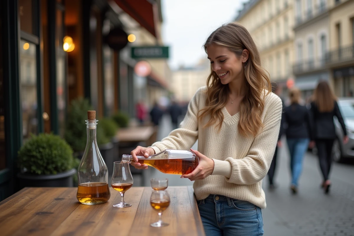 Jeune femme versant du whisky dans une rue de Bordeaux