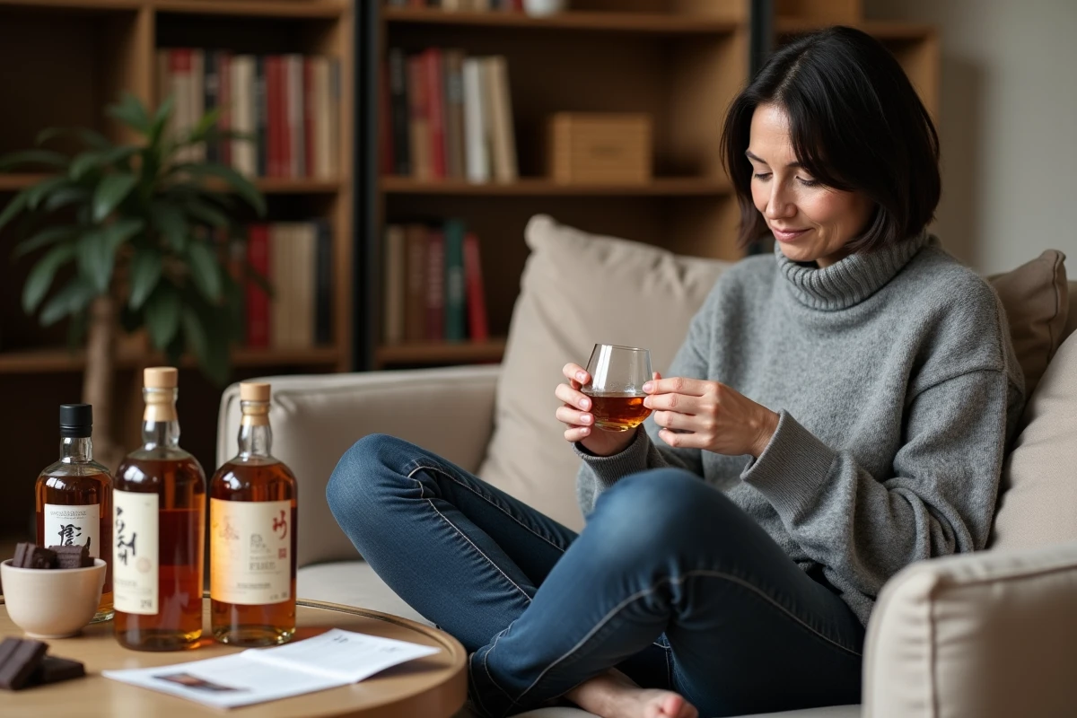 Femme découvrant et comparant plusieurs bouteilles de whisky japonais chez elle à Paris
