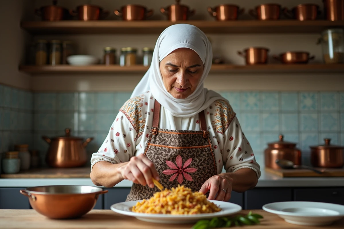Femme égyptienne préparant un plat de koshari traditionnel dans une cuisine familiale authentique