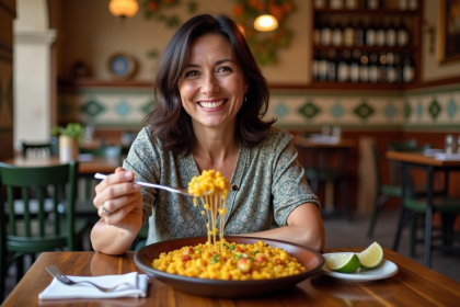 Femme espagnole souriante avec paella à Barcelone