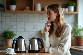 Femme compare deux bouilloires modernes dans la cuisine