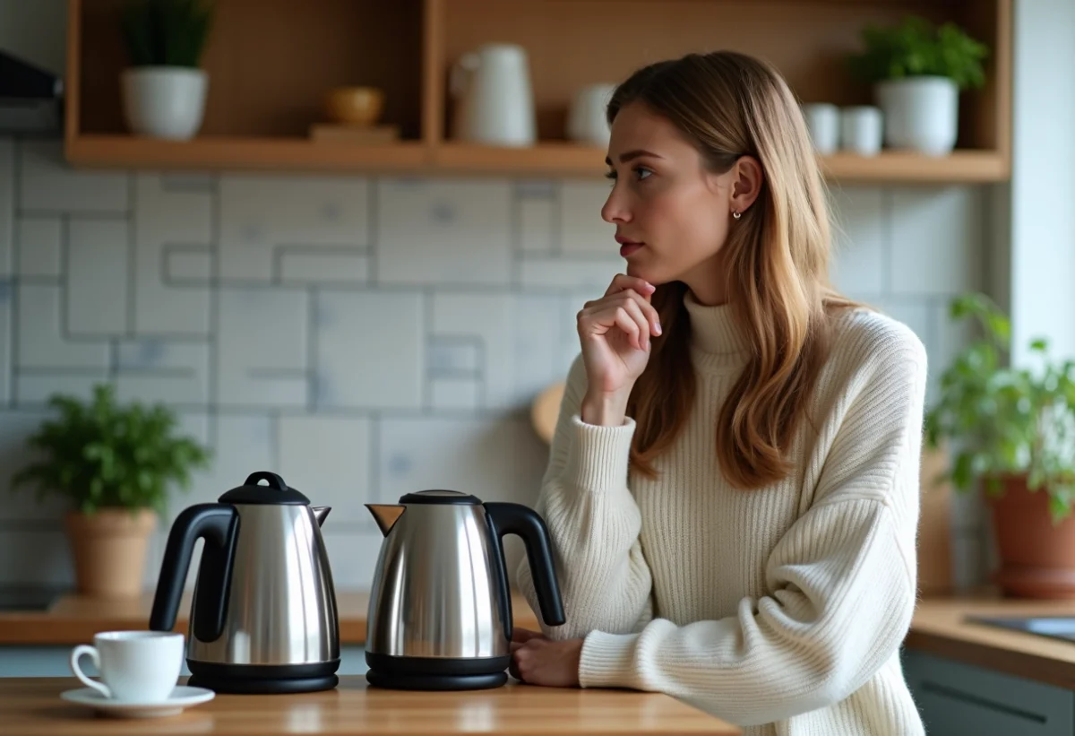 Femme compare deux bouilloires modernes dans la cuisine