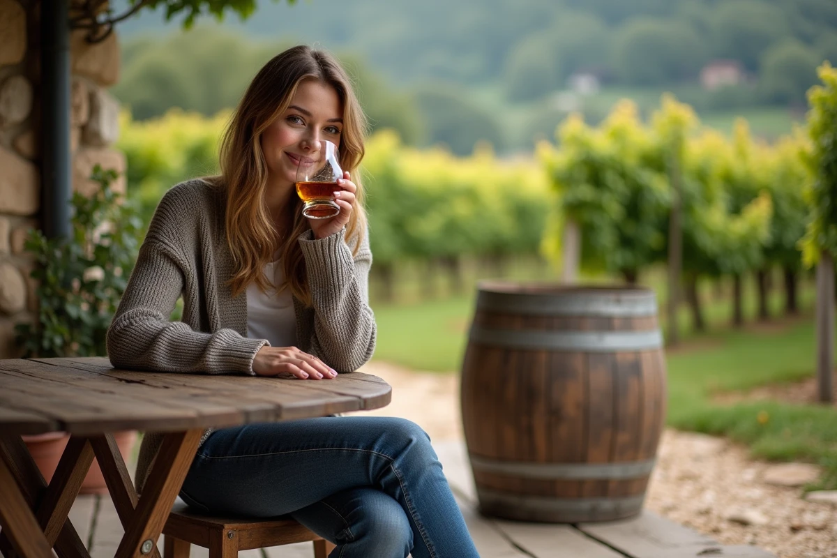 Femme française dégustant un whisky en extérieur dans la campagne