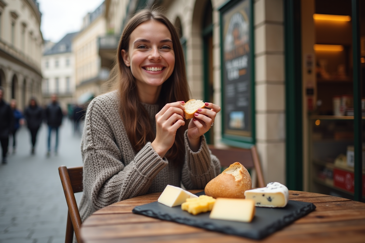 Jeune femme dégustant du fromage dans un bistrot à Reims
