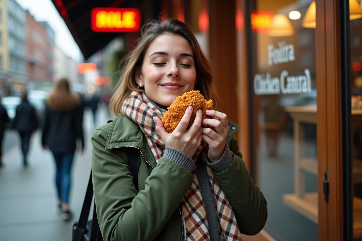 Femme dégustant un sandwich frit en extérieur dans la rue