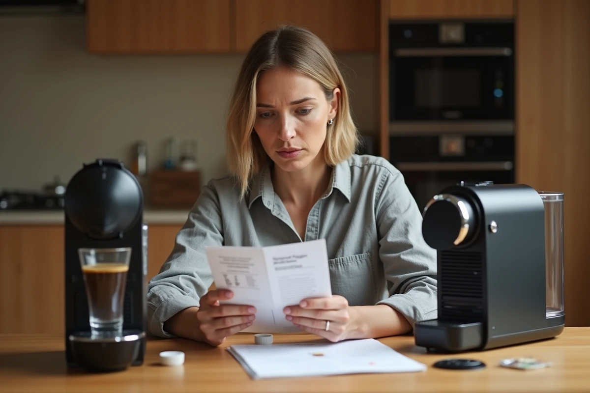 Femme consultant le manuel d'entretien d'une machine Nespresso Magimix avant réparation ou détartrage