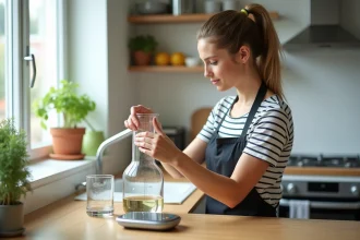 Jeune femme en cuisine mesurant un liquide avec un goulot
