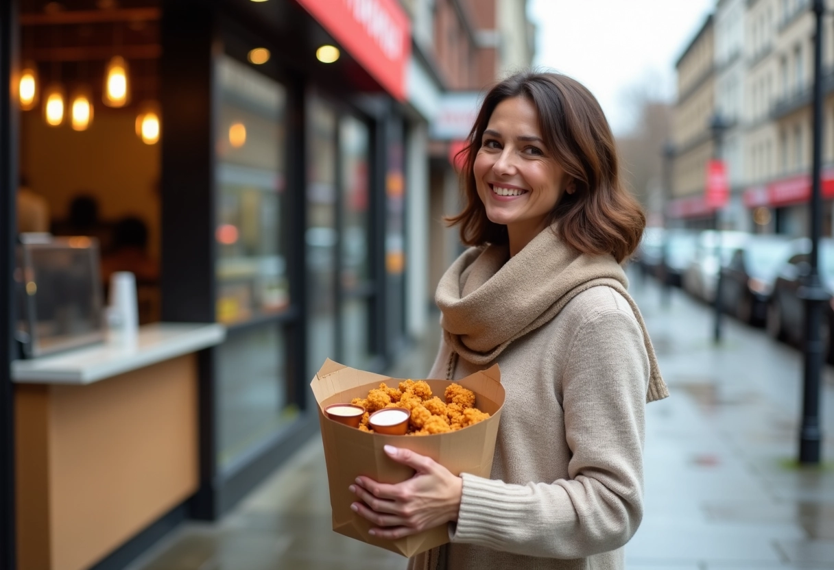 Femme souriante avec sac de poulet frit en extérieur