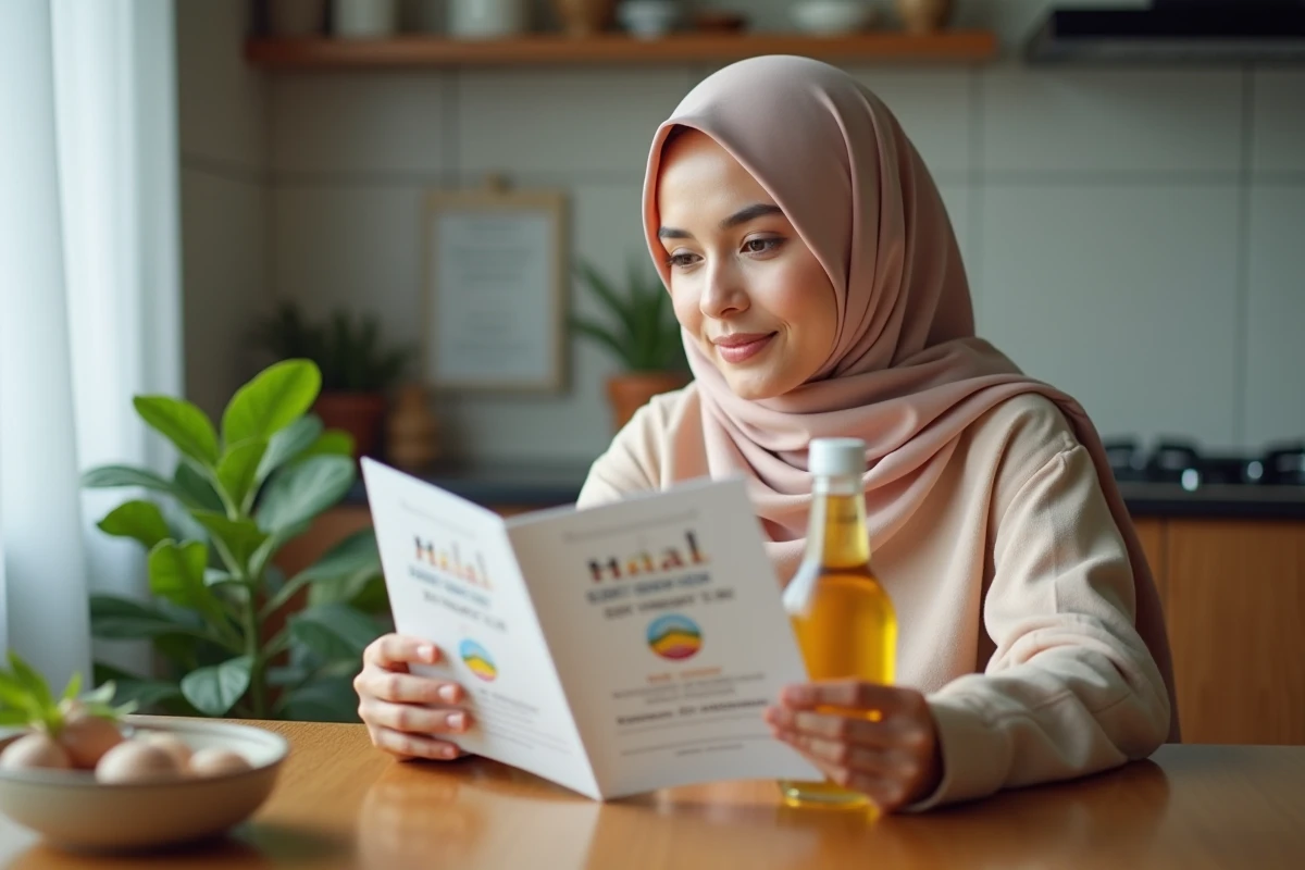 Femme musulmane lit une fiche halal en cuisine