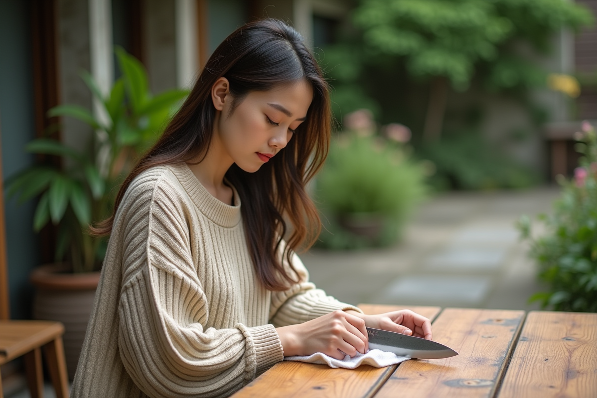Jeune femme nettoyant un couteau japonais dans un jardin