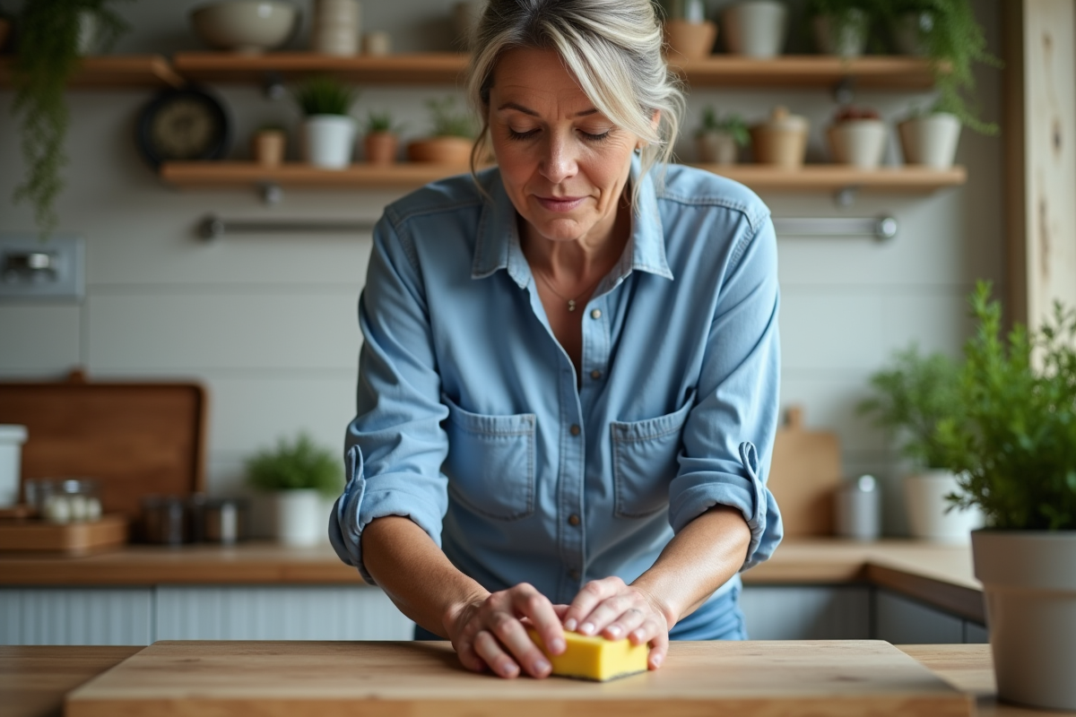 Femme en cuisine nettoyant une planche en bois avec une éponge