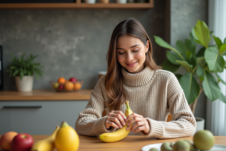 Jeune femme peignant une banane dans une cuisine chaleureuse