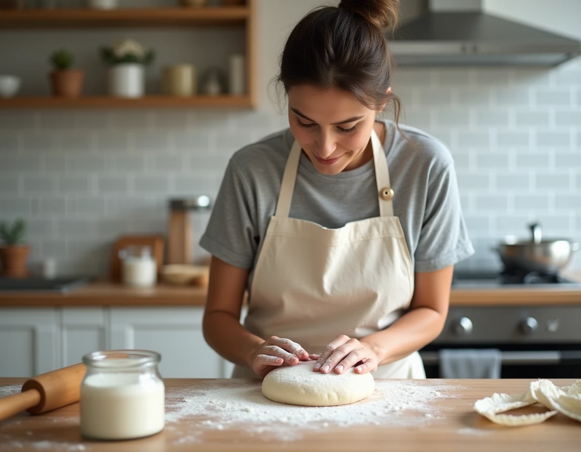 Femme pétrissant une pâte à pain avec de la levure de boulanger et de la levure chimique posées sur le plan de travail