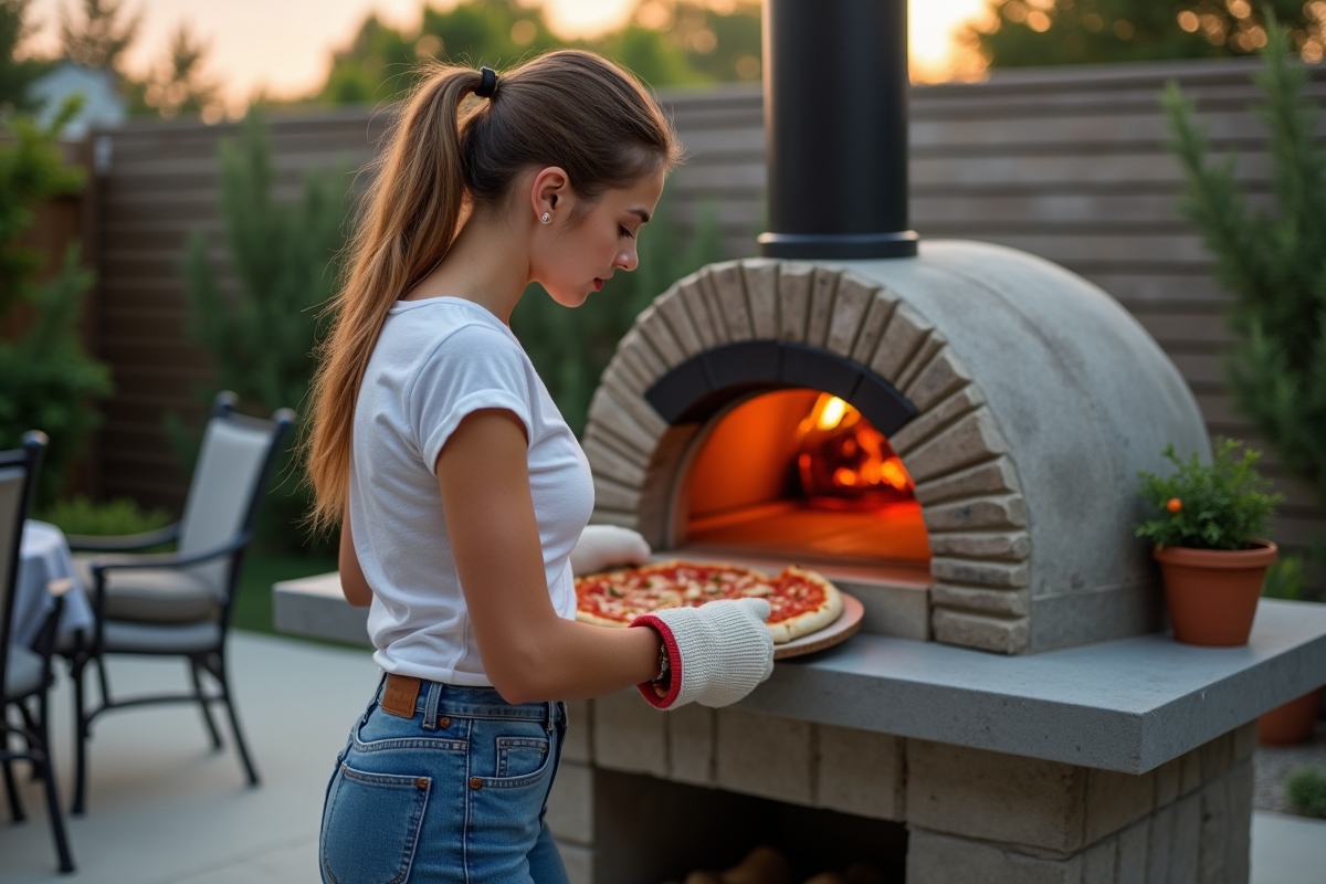 Jeune femme ouvrant un four à pizza extérieur