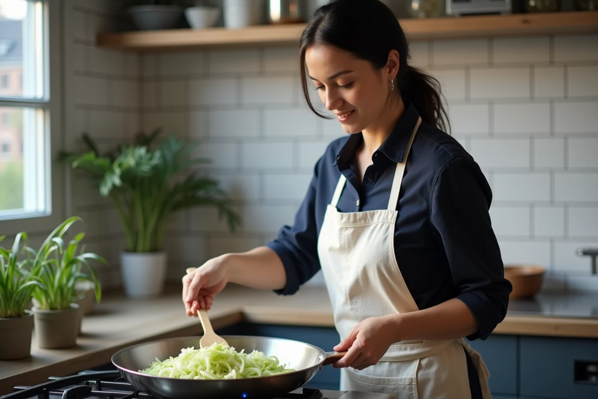 Femme préparant une fondue de poireaux à la poêle dans une cuisine moderne, remuant les poireaux avec une spatule en bois
