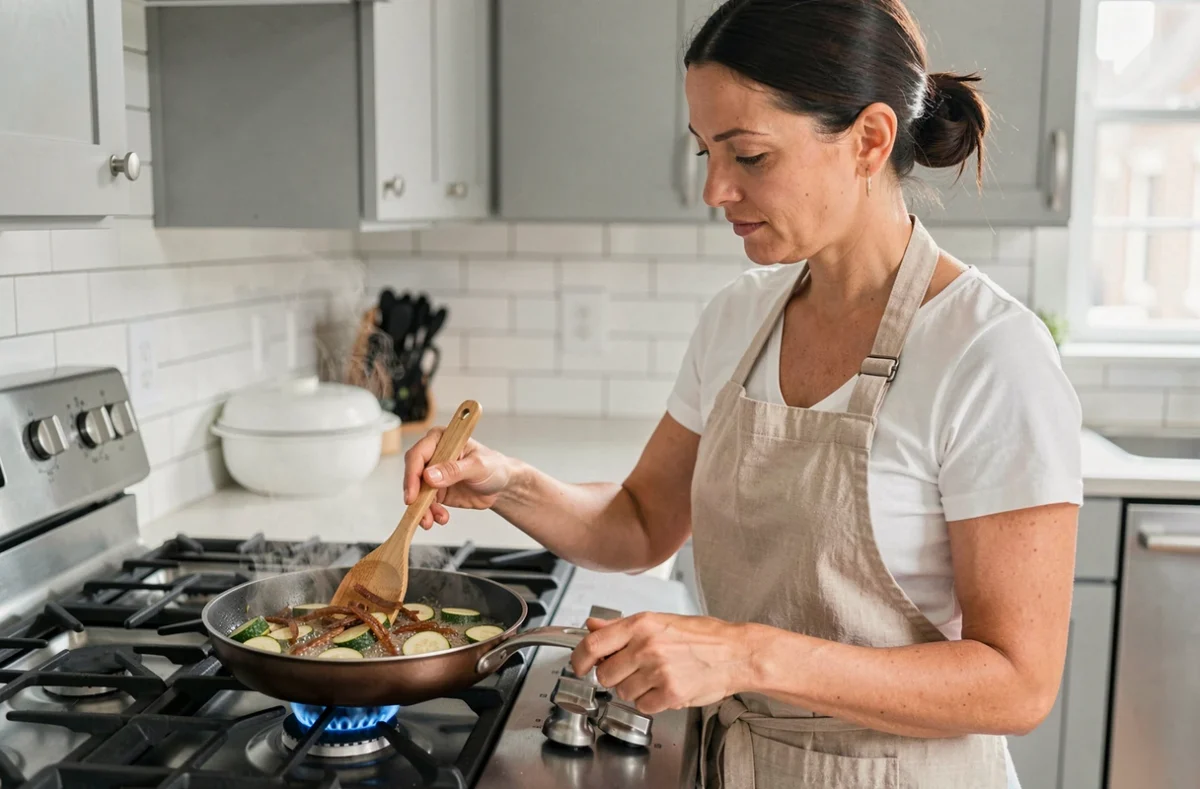 Femme en tablier lin préparant une poêlée de courgettes et lardons fumés sur une cuisinière à gaz moderne dans une cuisine contemporaine