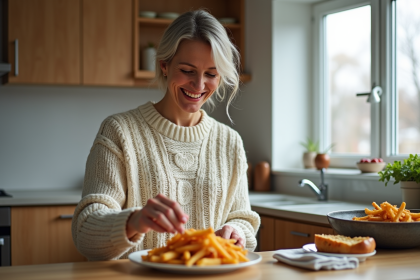 Femme québécoise préparant une poutine dans sa cuisine chaleureuse