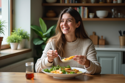 Femme souriante dégustant un repas maison dans une cuisine moderne