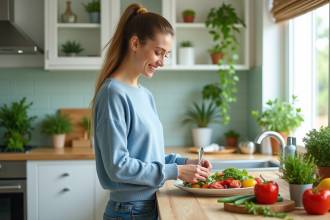 Jeune femme préparant une salade colorée dans la cuisine