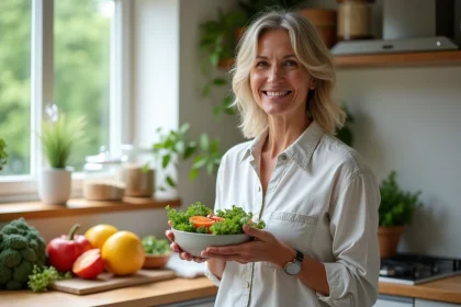 Femme d'âge moyen dans une cuisine lumineuse tenant une salade