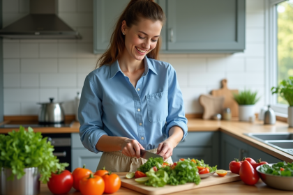 Femme préparant une salade colorée dans une cuisine moderne