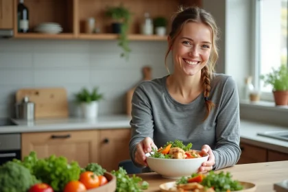 Femme souriante préparant une salade colorée dans une cuisine lumineuse