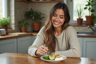Femme souriante mangeant avocat et fromage dans une cuisine lumineuse