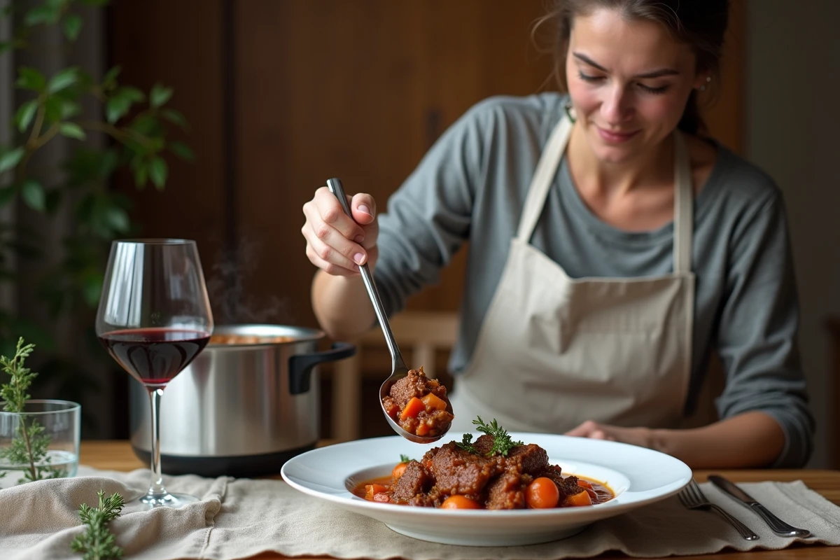 Femme servant un boeuf carotte mijoté au Cookeo dans une assiette blanche sur une table en bois rustique