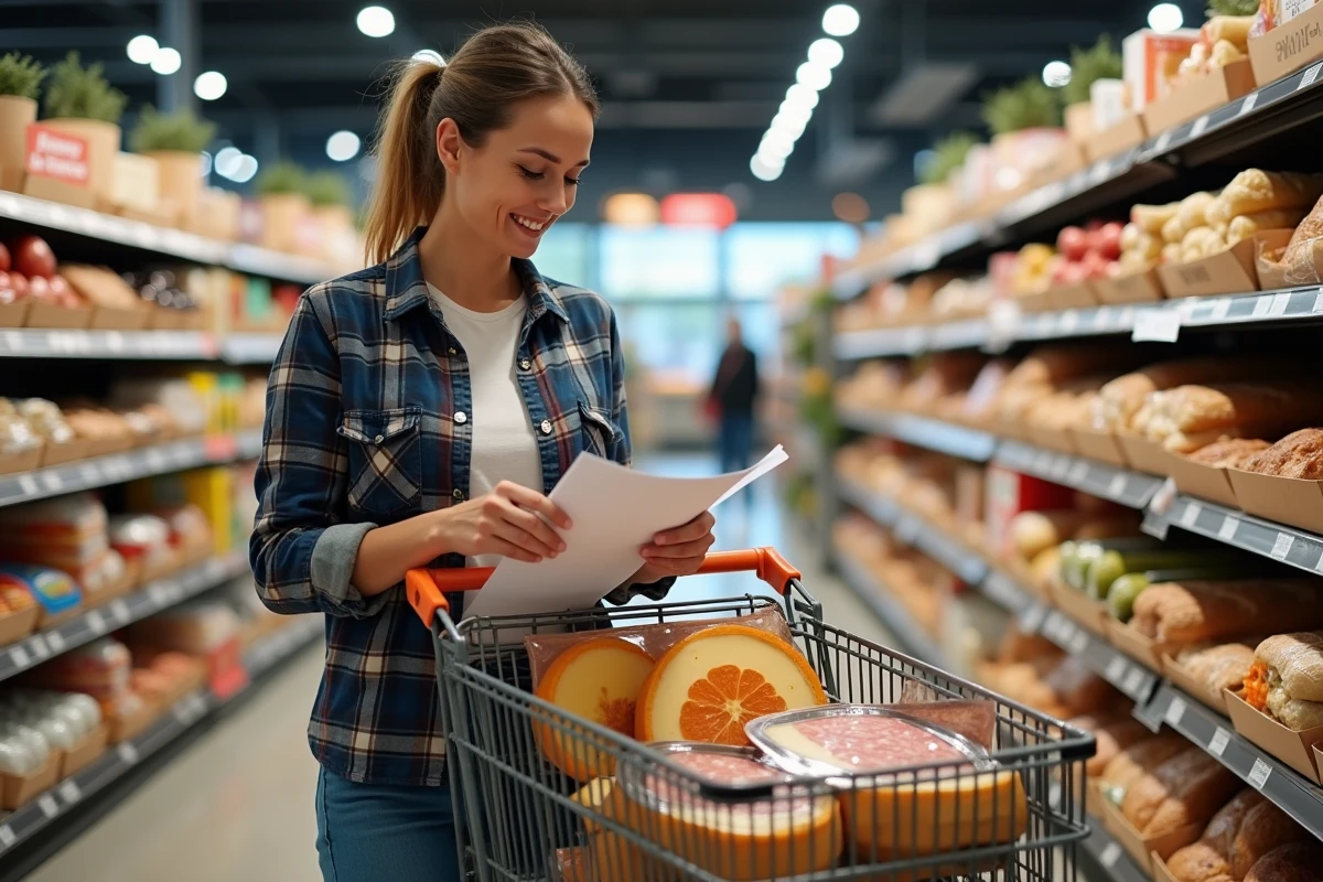 Femme faisant ses courses pour raclette dans un supermarché