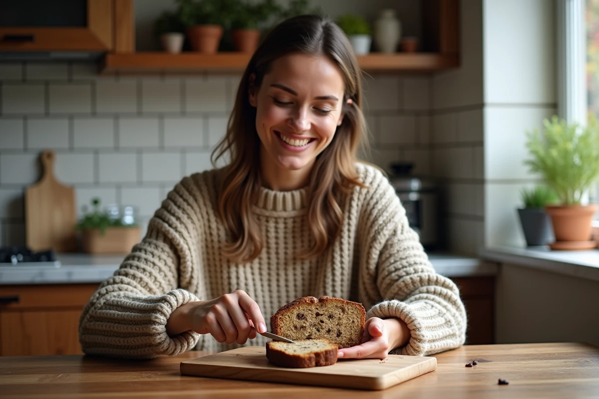 Femme souriante coupe un banana bread aux noix et chocolat