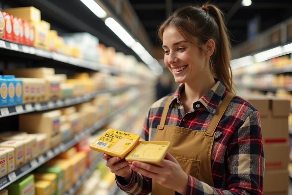 Femme souriante compare fromages lactosefree en supermarche