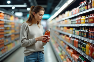 Femme examinant une bouteille de soda zero calorie dans un supermarche
