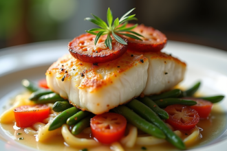 Filet de cabillaud avec chorizo croustillant sur légumes