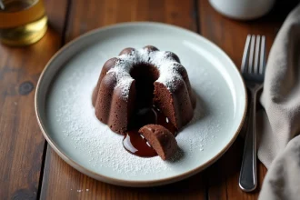 Fondant au chocolat coulant sur assiette blanche avec sucre glace, recette Cyril Lignac pour dîner romantique