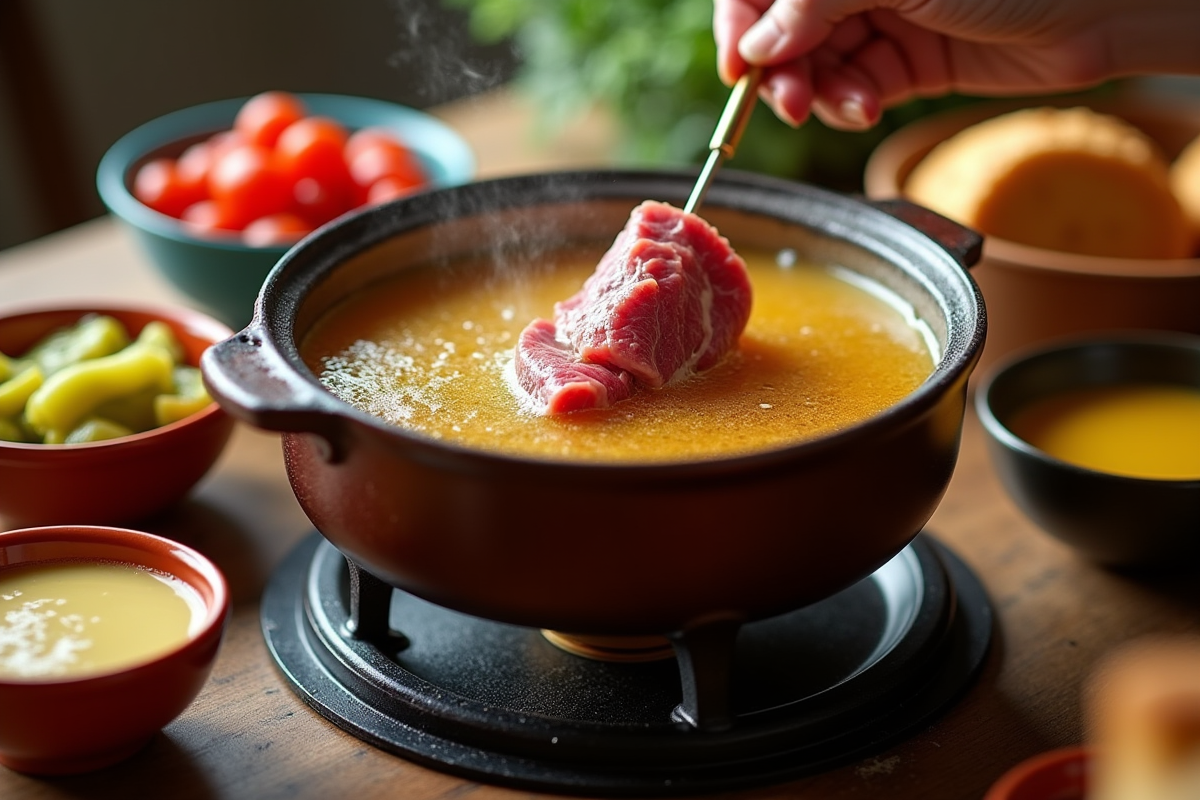 Gros plan sur une fondue bourguignonne en cours de cuisson