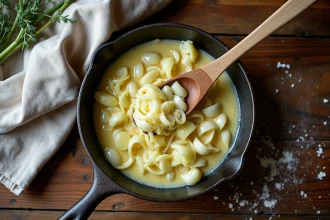Fondue de poireaux dorée à la poêle vue de dessus, avec crème fraîche et thym frais sur plan de travail en bois rustique