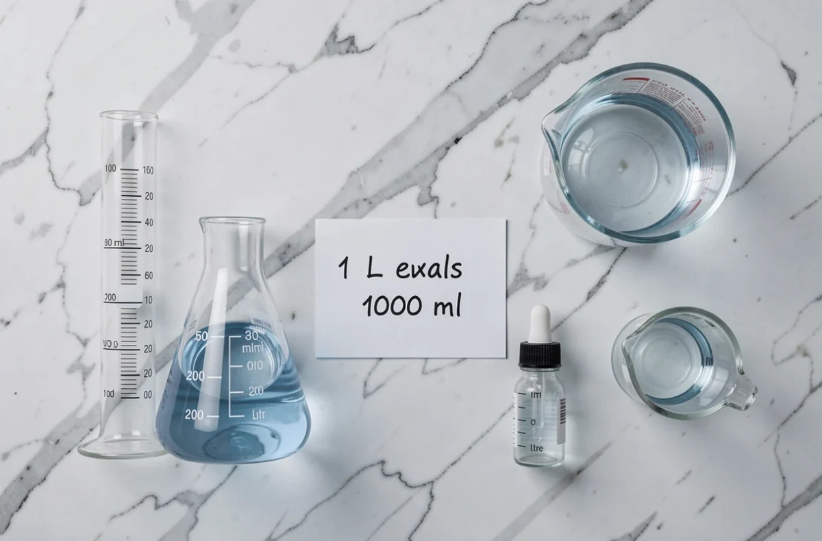 Vue de dessus de plusieurs récipients gradués en millilitres et litres sur marbre blanc avec une fiche de conversion manuscrite