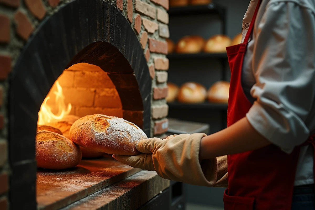 Femme ouvrant un four à pain avec des miches fraîchement cuites