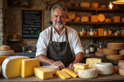 Fromager français arrangeant des fromages artisanaux dans une fromagerie