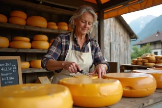 Fromagère coupant une meule de Beaufort au marché alpin, avec des prix affichés sur une ardoise
