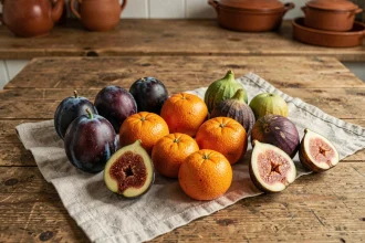 Assortiment de fruits commençant par I disposés sur une table en bois rustique dans une cuisine chaleureuse