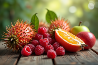Assortiment de fruits exotiques rouges comme rambutan et framboise