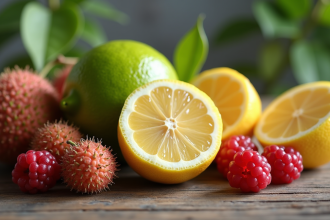 Sélection de fruits frais commençant par L sur une table en bois