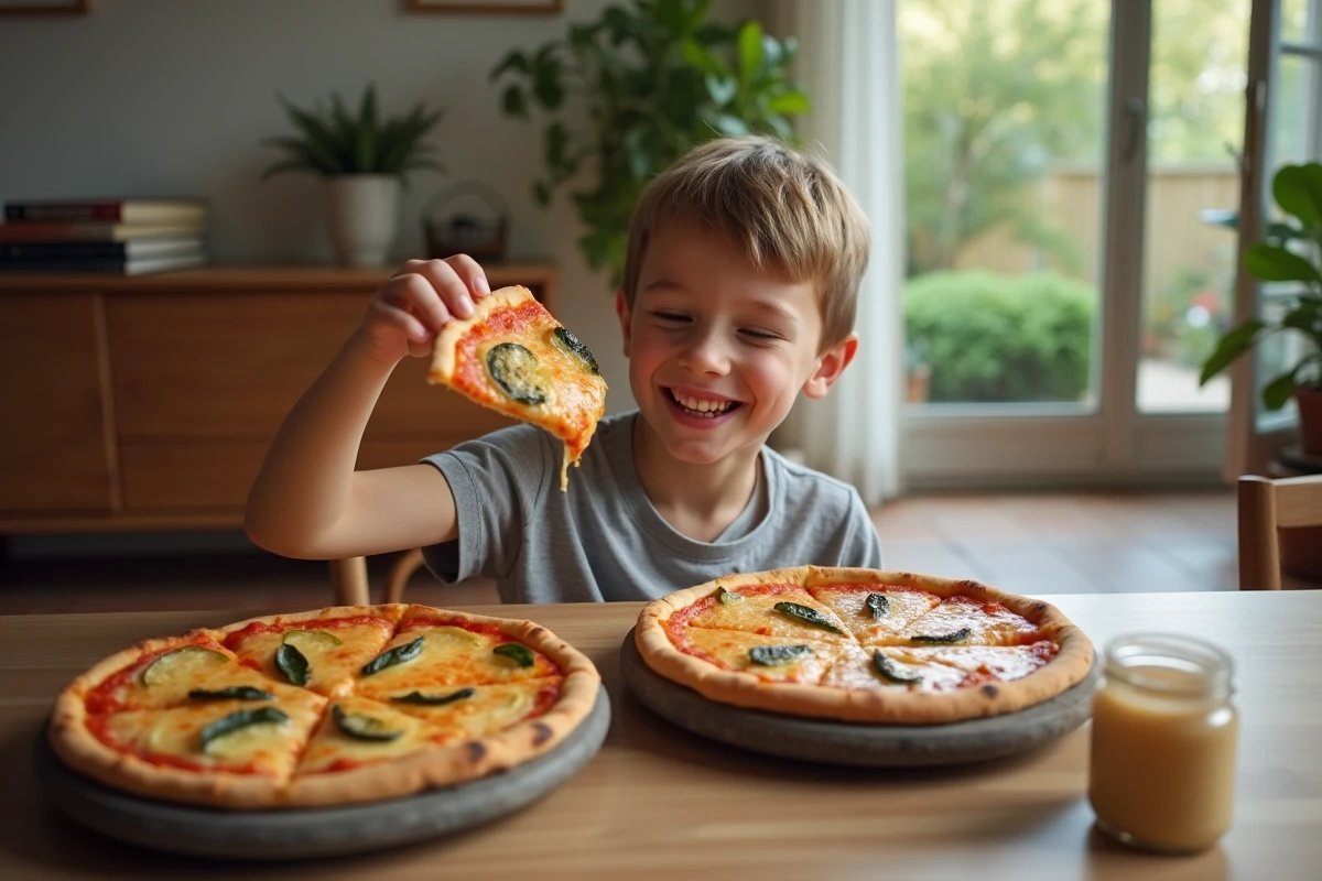 Adolescent dégustant une part de pizza courgette