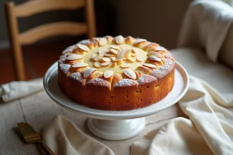 Gâteau aux amandes moelleux au yaourt et huile d'olive posé sur un plat blanc en céramique, vue en plongée légère sur une table en bois rustique