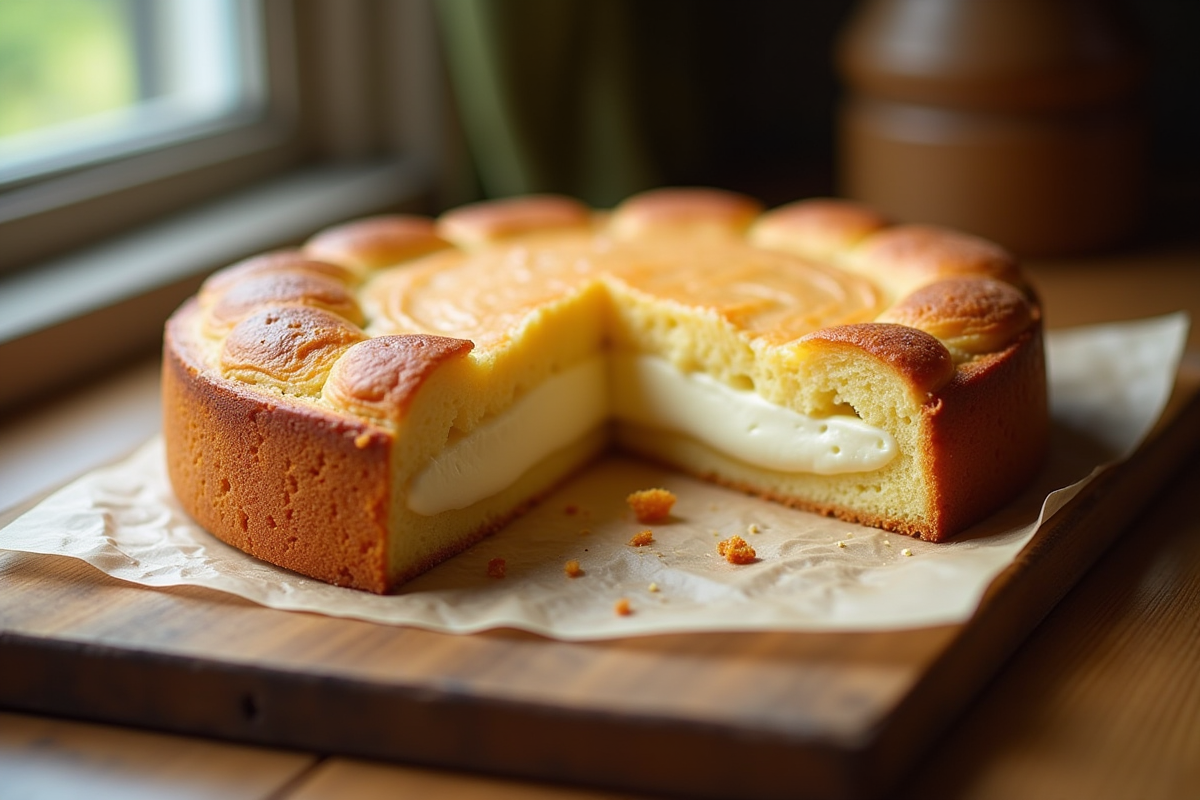 Gâteau basque coupé montrant la crème onctueuse à l'intérieur