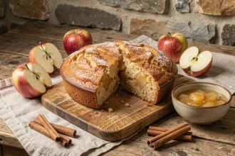 Gâteau moelleux à la compote de pomme posé sur une planche en bois rustique avec des pommes fraîches et de la cannelle